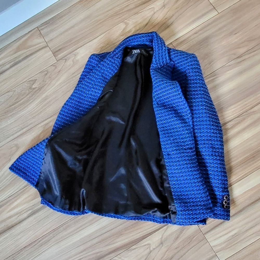 Zara Royal Blue Textured Double-Breasted Blazer - Picture 10 of 16